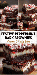 Stacked peppermint bark brownies topped with crushed candy canes and chocolate layers for a festive Christmas dessert.